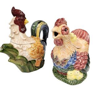 Vintage Ceramic Rooster & Hen Teapots Set Farmhouse Decor Chicken Rooster Decor